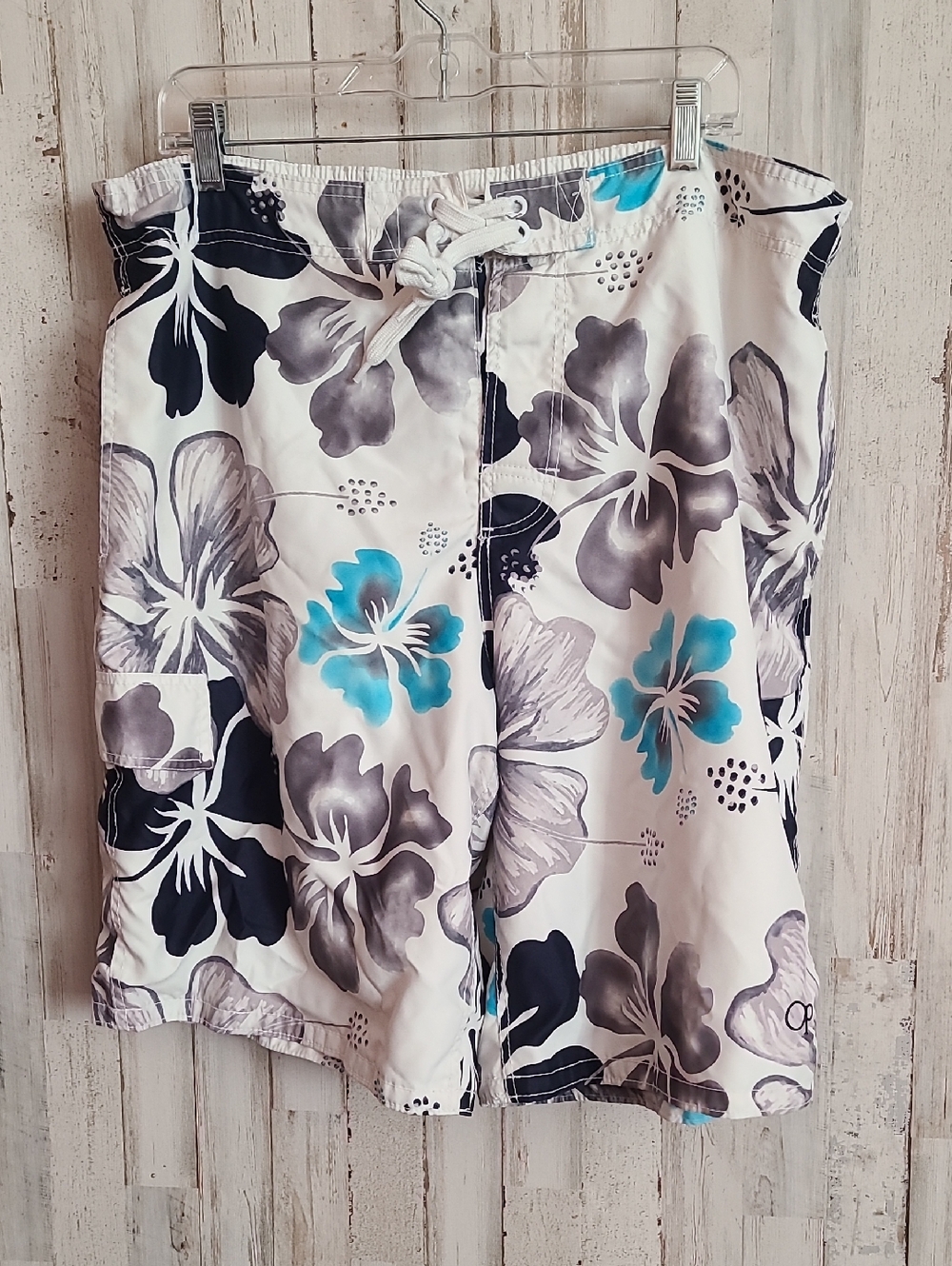 OP White and Gray Swim Trunks with Teal Floral Accents